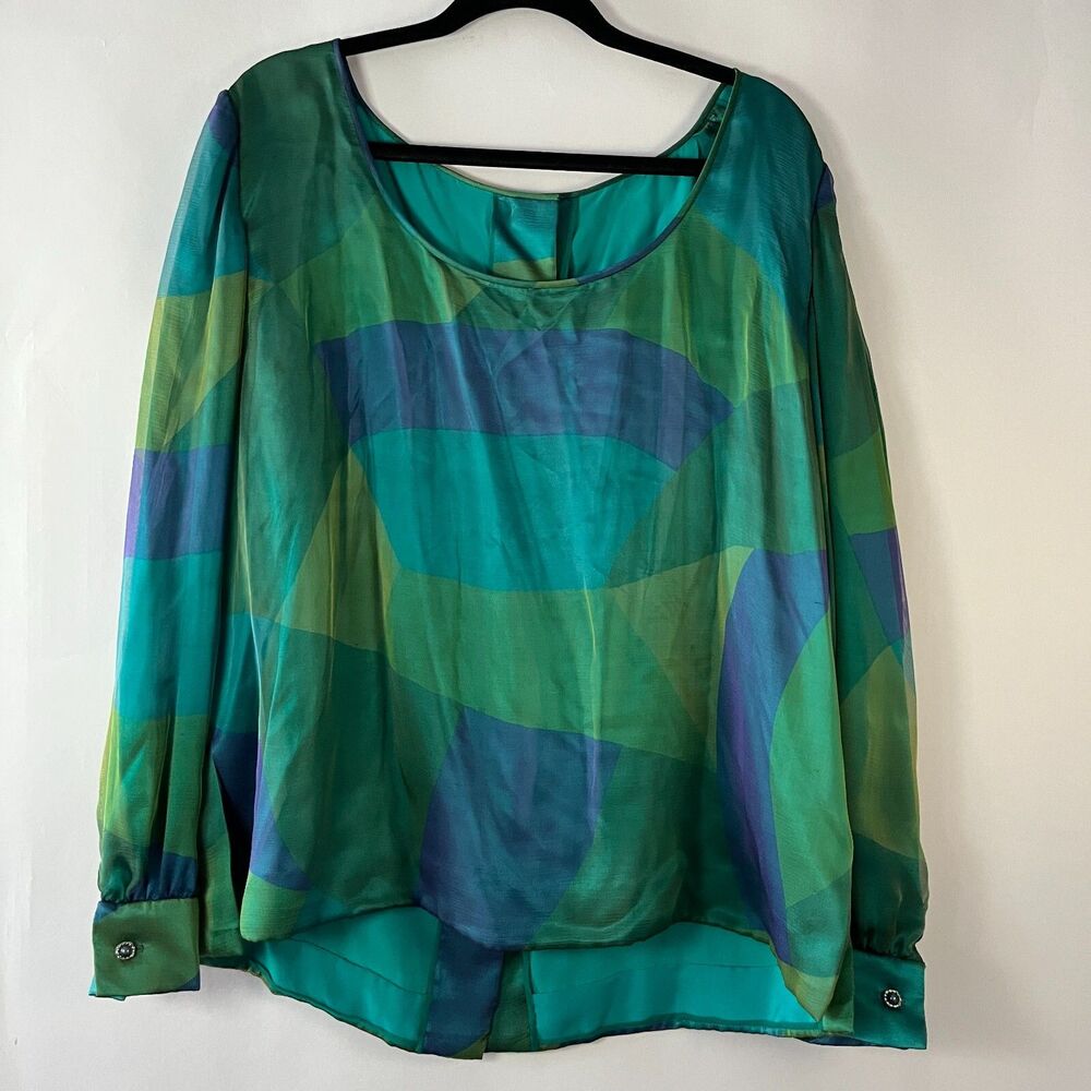 James Galanos Couture Blouse Womens Silk Green Geometric Check RARE Vintage 80's
